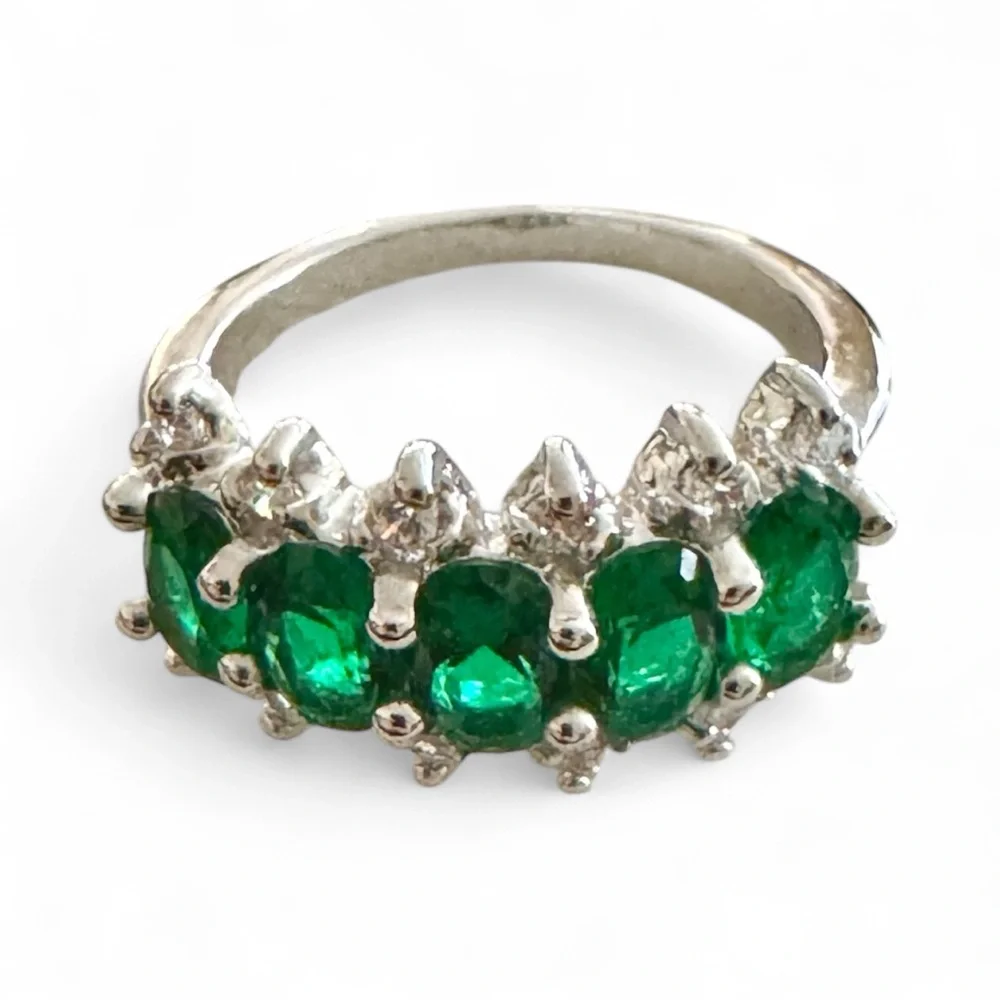 Sterling Silver Green‎ Gemstone & Diamond Accent Band Ring Size 6 925